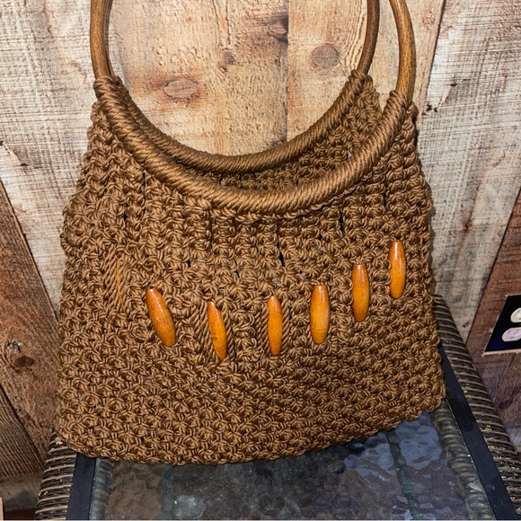 Vintage Crochet Macrame Purse Hand Bagsquare Lucite Handles GrannyCore Brown - Picture 3 of 4